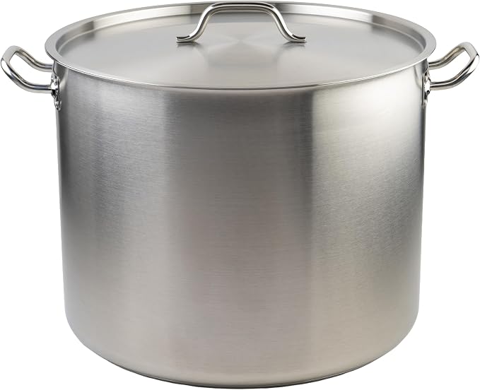 Winco 60 qt Stainless Steel Stock Pot with Cover | Dishwasher safe, Heavy-duty, Tri-ply heating, Riveted handles, Great for Stocks, Soups, Pasta and Batch Cooking