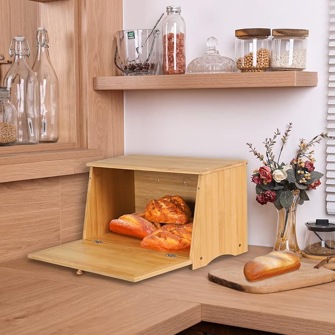 HOMEKOKO Vintage Wooden Bread Box for Kitchen Countertop, Natural Bamboo | Retro Farmhouse Style, Holds 2 Loaves, Breathable Design Keeps Bread Fresh For 3–4 Days, Suitable For Rustic/Vintage Kitchen