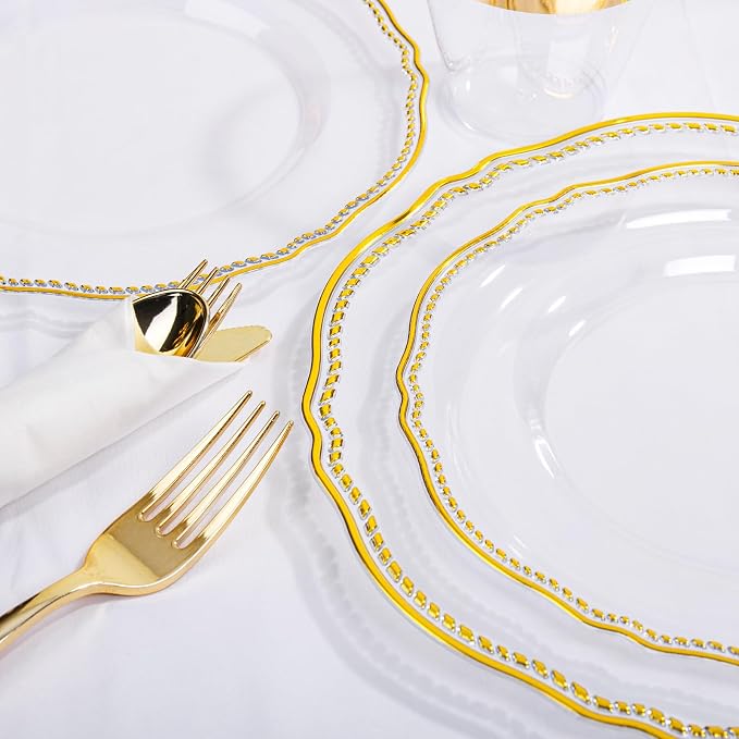 350 Pcs Clear Gold Plastic Plates for Wedding & Party | Gold Plastic Dinnerware Set Includes 50 Dinner Plates, 50 Dessert Dinnerware, 50 Cups, 50 Rolled Napkin Cutlery Perfect