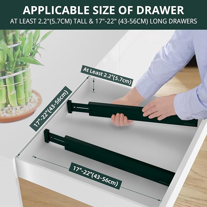 Expandable Bamboo Drawer Dividers Organizers, Drawer Separators Splitter,17-22 inches Long Adjustable Spring-loaded Organizer for Large Utensil, Clothes, Tools(Dark Green)