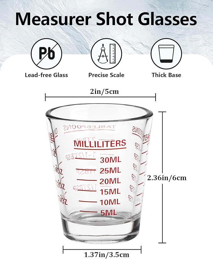 Shot Glass Measuring Cup Set, 2 Pack Espresso Shot Glasses (RED&Black) | Glass measuring cups feature 26 markings up to 1 OZ, 2 TBS, 6 TSP, 30 ML for espresso, liquor, medicine and recipes