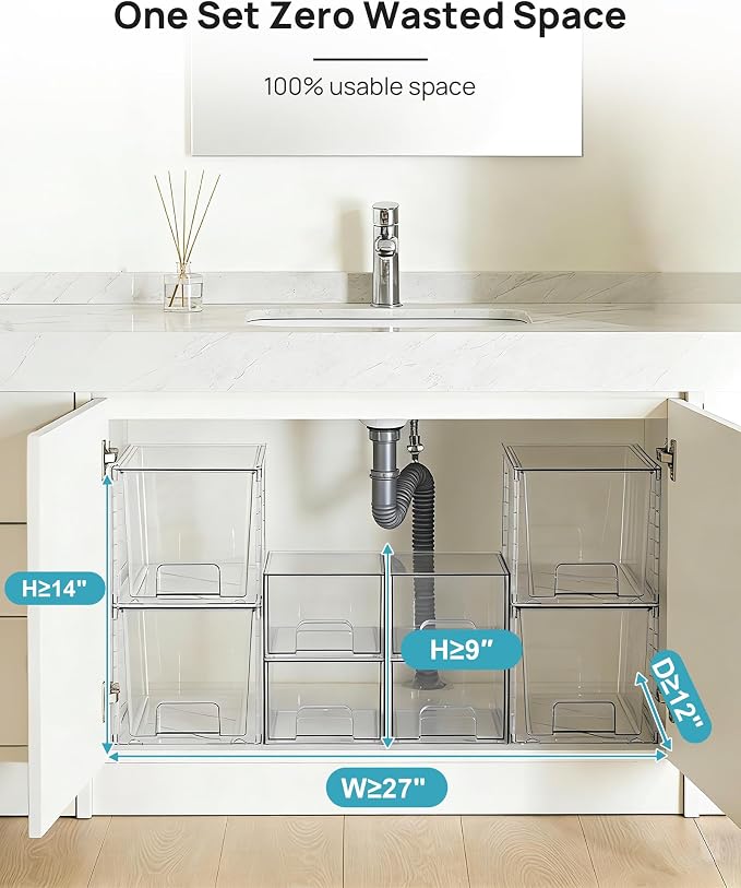 Vtopmart 8 Pack Clear Pull-Out Under Sink Organizer Set (4 Large & 4 Small) | Stackable Storage Drawers, Designed to Fit Bathroom & Kitchen, Under-Sink Organization