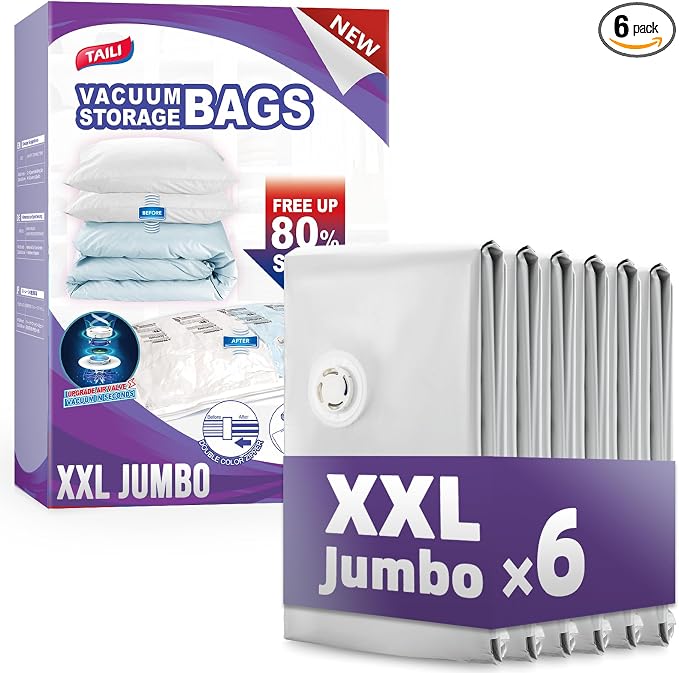 TAILI 6 Pack Vacuum Storage Bags, XXL Jumbo (47x39 Inch), Cream | Vacuum Seal Bags for Clothing, Comforter and Blankets, Bedding, Giant Space Saver for Huge Stuffed Toy