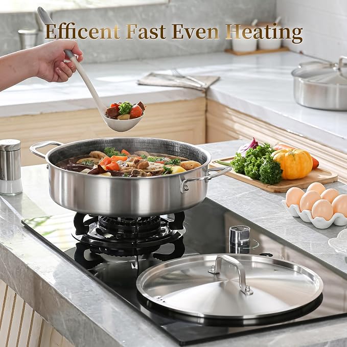 DELARLO 8QT Saute Pan Jumbo Cooker Tri-Ply Stainless Steel Pan | 13 Inch Deep Frying Pan with Steel cover, Kitchen Large Skillet, Heavy Duty Style Compatible with All Cooktops Up to 650℉