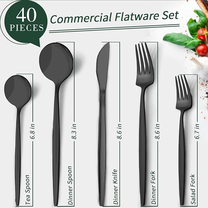 40-Piece Matte Black Silverware Set for 8, CEKEE Stainless Steel Flatware Cutlery Set, Cutlery Kitchen Utensils Set for Home Restaurant Apartment, Include Knife Forks and Spoons Silverware Set