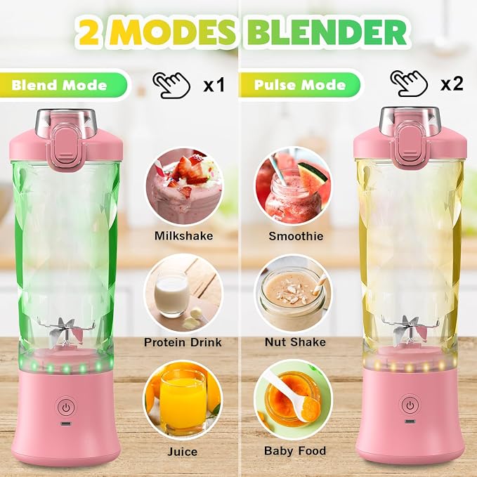 Portable Blender Personal Juicer for Shakes Smoothies with Insulated Sleeve | 20 Oz Electric Protein Shaker Bottle, Travel Lid, USB-C Rechargeable, Mini Small Cordless Blender Cup for Kitchen Travel Gym