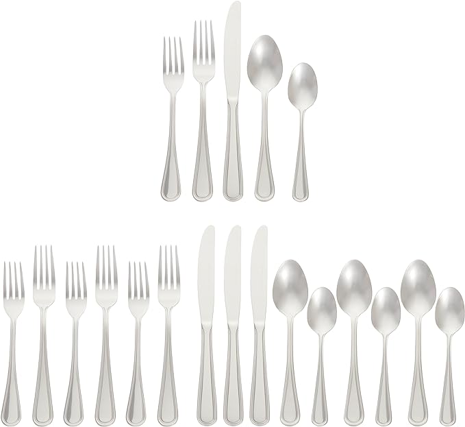 Amazon Basics Silverware Set, Stainless Steel Flatware, Dishwasher Safe, Service for 4, 20-Piece Forks and Spoons, Crown Edge, Everyday Use