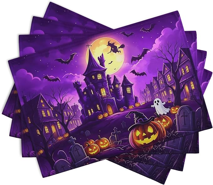 Purple Halloween Placemats Set of 4 Castle Witch Bats Pumpkin Spooky Place Mats Farmhouse Fall Holiday Table Mats for Party Kitchen Dining Outdoor Indoor Decor
