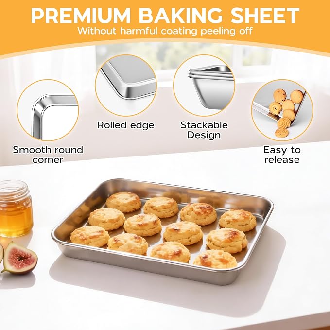 Onader Baking Sheet Pan Tray Set of 2, Stainless Steel Small Baking Cookie Sheets, 9 x 7 Inch Mini Toaster Oven Trays, Food-Grade Durable Mirror Finish & Dishwasher Safe