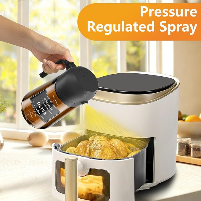 Olive Oil Sprayer & Dispenser for Cooking, 16oz Dark Glass Oil Mister, 2PC | 2-in-1 Oil Sprayer & Pourer, Fine mist, Light-Blocking, Wide Mouth, Easy Refill & Clean, 8 Oil Labels, Reusable, with Scale