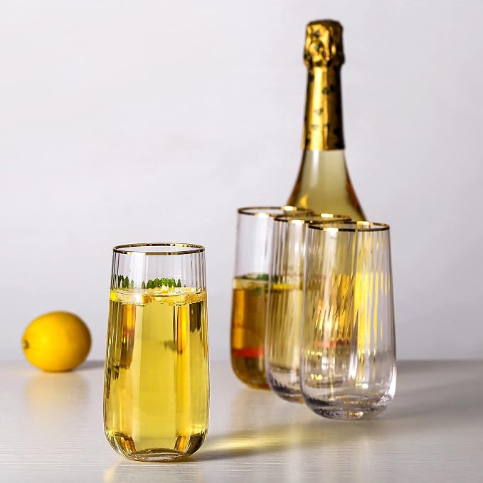 Lysenn Stemless Wine Glasses Set of 4 - Premium Hand Blown Drinking Glasses for Bubbly Wine & Champagne - Elegant Vertical Stripe and Gold Rim Champagne Flutes – Clear 17oz | Ultra Clear, Premium Quality, Large 17oz Capacity for Sparkling Wine and Bubb...