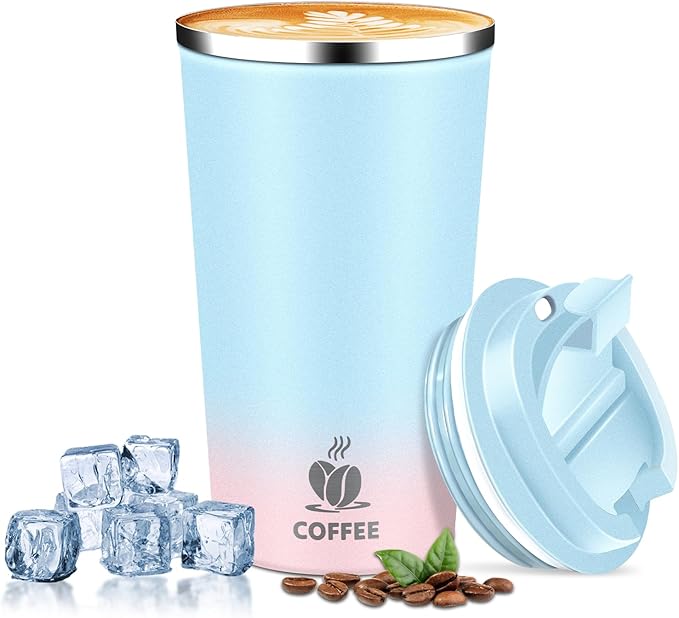 Insulated Travel Coffee Mug Reusable Coffee Tumbler Cup with Flip Lid Leak Proof Spill Proof for Office School Party Camping Hot and Cold Drink,Stainless Steel 17oz (Blue Pink)