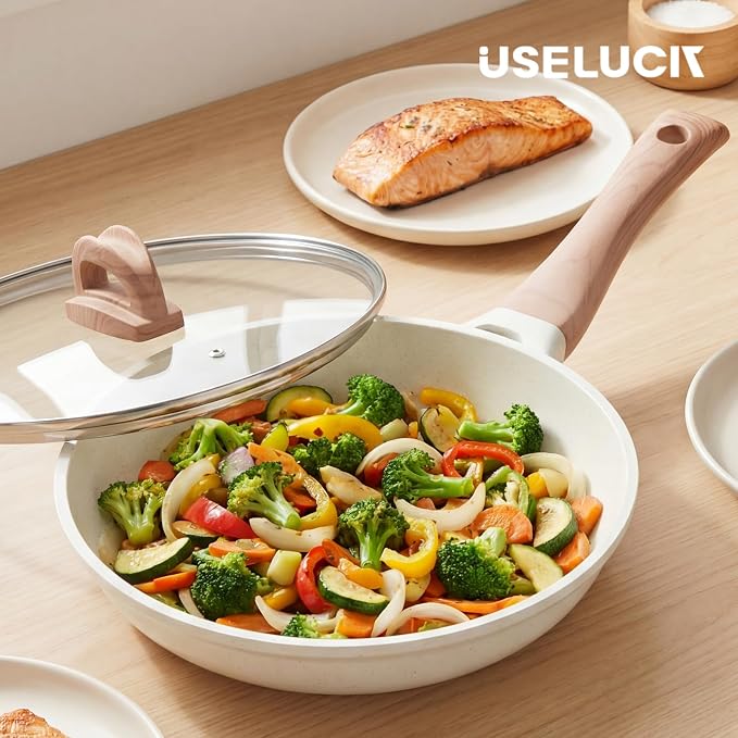 UESLUCK 12 Inch Creamic Non Stick Frying Pan With Lid- Large Creamic Skillet With lid, Omlet Pan Non Stick With Cool-Touch Handle, PFAS & PTFE Free, Compatible with All Stovetops