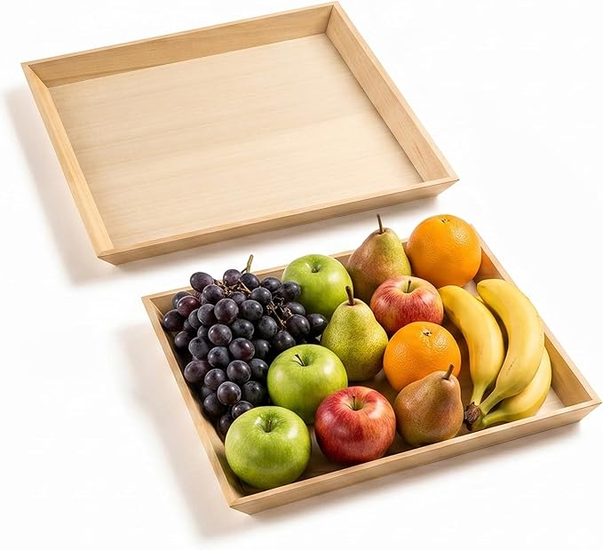 Wooden Serving Trays Set of 2, 16x16x1.25 Inches Natural Wood Serving Tray for Home Decor, Decorative Wooden Trays for Coffee Table, Ottoman, Kitchen Counter, Dining Table & Organization
