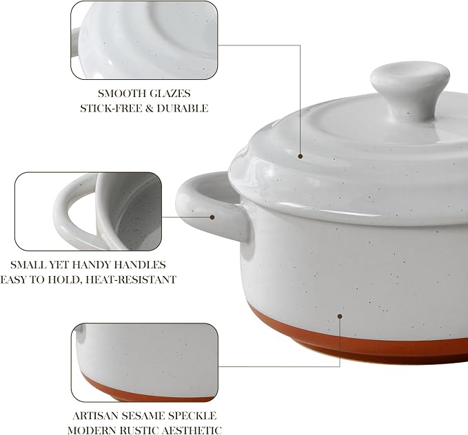 MALACASA Mini Cocotte Set of 4, 12 OZ Ramekins with Lids and Handles | Small Casserole Dishes for Oven, Ceramic Baking Dishes Set, Single Serving, Microwave & Dishwasher Safe, Khaki Grey