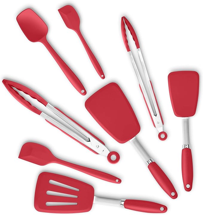 5-Piece Silicone Spatulas Set with Tongs, 446°F Heat Resistant, Red | Steel-core Utensils, Nonstick-safe Silicone Turners and Tongs for Flipping, Grilling, Mixing and Baking, Dishwasher Safe
