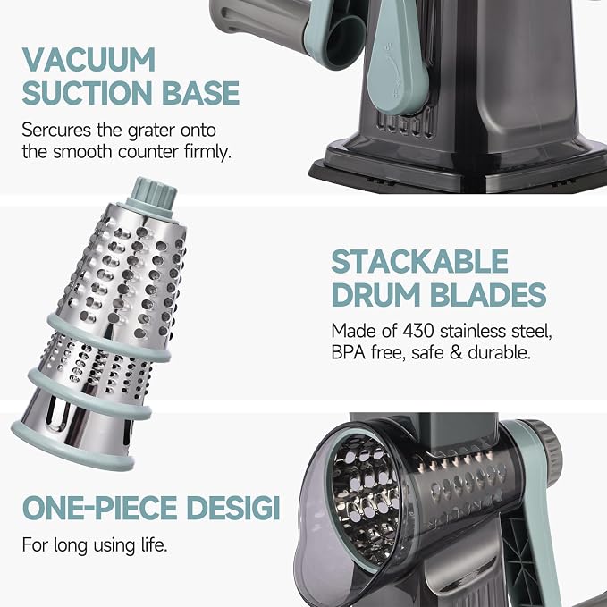 Rotary Cheese Grater with Handle Kitchen Shredder Slicer Grater Slicer Ice Shaver Cheese Vegetable Nuts Potato Zucchini Chocolate 3 Interchangeable Blades (GreyBlue)