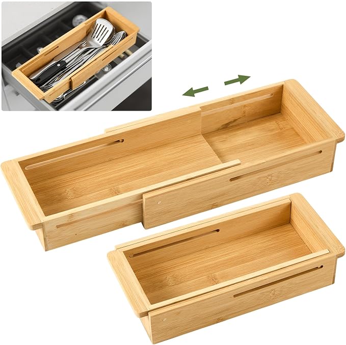 LemonRoad 2 Pcs Sliding Drawer Organizer 12.4-17.7 Inch Bin Bamboo Drawer Expandable Bins Utensil Organizer for Kitchen Spoons Forks Knives (Wood)