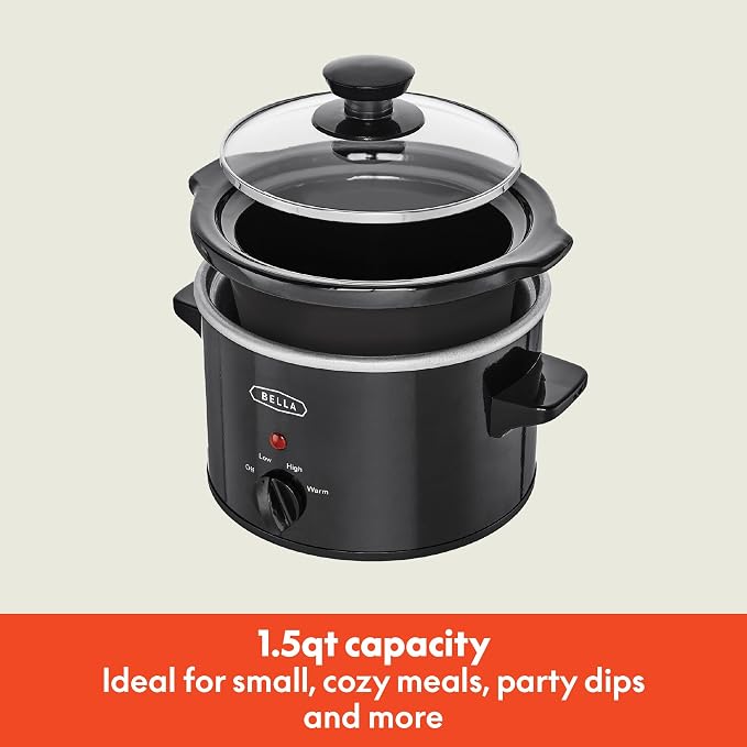 bella 1.5qt Manual Non-Toxic Slow Cooker with 3 Heat Settings, Black