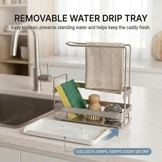 Kitchen Sink Caddy, Compact Sponge Brush Holder Brushed Nickel | Carbon Steel, Towel Rack & Removable Drain Tray, Sponge & Brush Organizer, Compact Sink Storage, Fits Standard Kitchen Sink