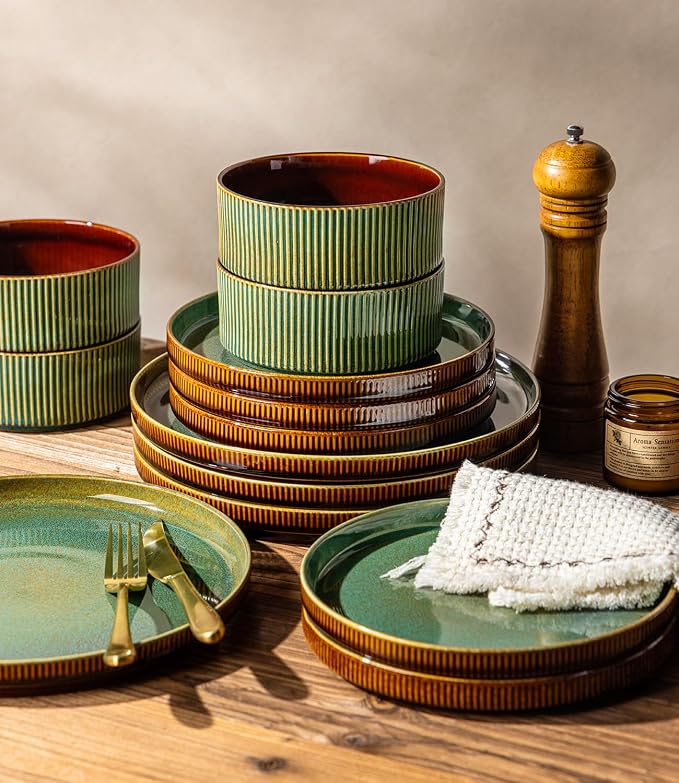 GBHOME Stoneware Dinnerware Sets for 4, 12 Pieces Plates and Bowls Set | Lightweight Ceramic Ribbed Dishes,Reactive Glaze Stackable Plate Set,Scratch Resistant,Microwave Dishwasher Safe,Maroon Olive