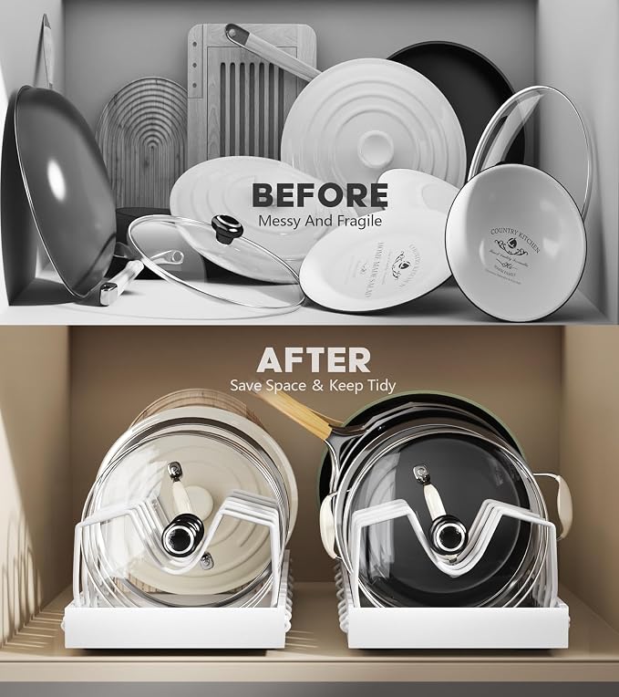 Pull Out Pots and Pans Organizer Under Cabinet, Expandable Sliding Lid Holder and Pan Rack for Kitchen, Slide Out Inside Cabinet for Pot Lid, Bakeware, Dishes, 10 Adjustable Dividers, 1 Pack White