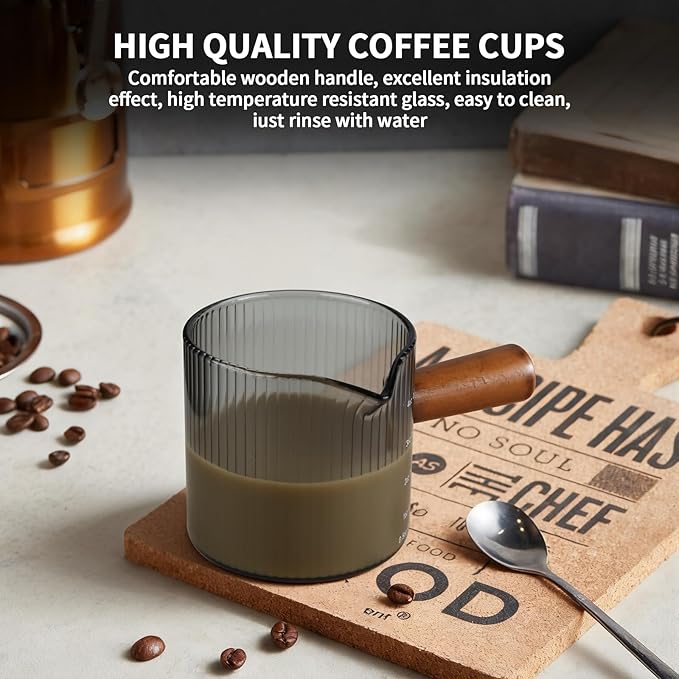 Espresso Measuring Cup 4 Oz, Espresso Glass Cups with Wood Handle, Milk Frothing Cup, Espresso Cup for Coffee, Milk, Tea or Maple Syrup Serving (Gray, 4 oz)
