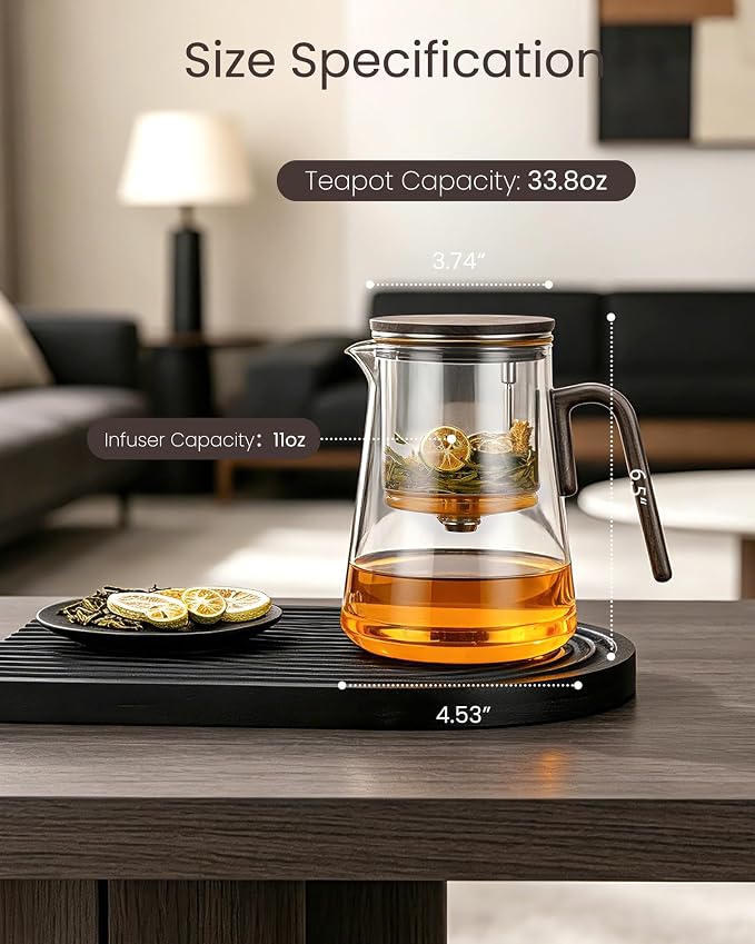 ZENS Magic Teapot with Infuser and Magnetic Lid for Loose Tea Maker, 34oz | Glass Magnetic Teapot, Echanted Tea Pot with Infusers for Loose Tea Steeper, Tea Lovers Gift, Black Walnut Pattern
