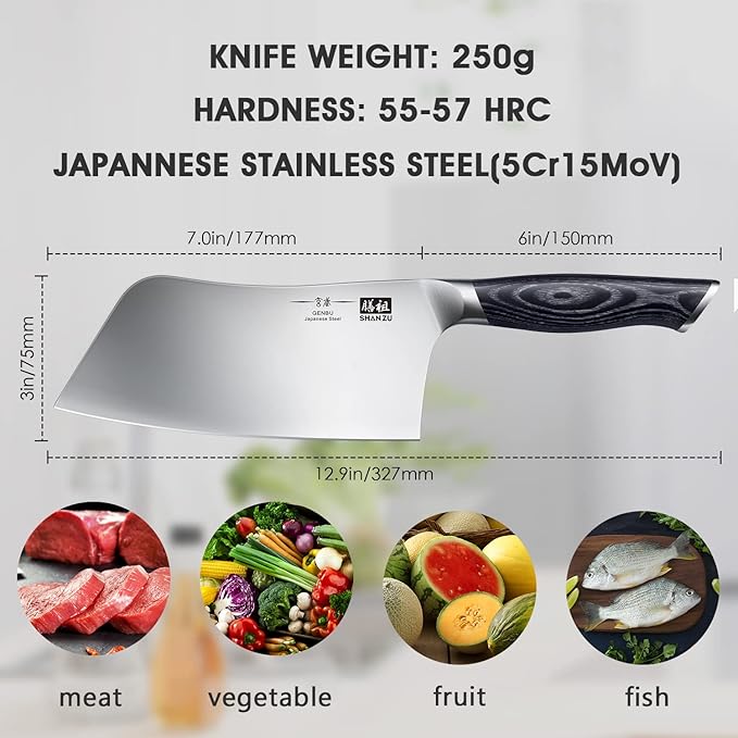 SHAN ZU 7 In Chef Knife, Sharp Meat Cleaver Knife Vegetable Chopper Knife | Professional Japanese High Carbon Stainless Steel Kitchen Chopping Knife with K133 Wood Handle, Black Tortoise Genbu Series