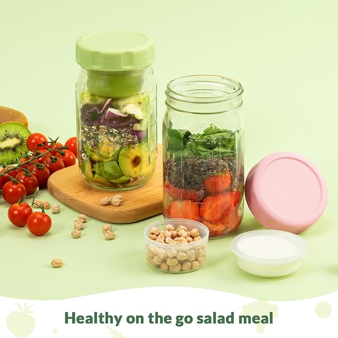 SOLIGT 4 Pack Glass Salad Jars with Lids Meal Prep, Wet/Dry Separation | Pink/Orange/Sky Blue/Olive Green, Leakproof, Two Small Built-in Cups for Salad Dressing and Dry Ingredients,32oz Mason Jars