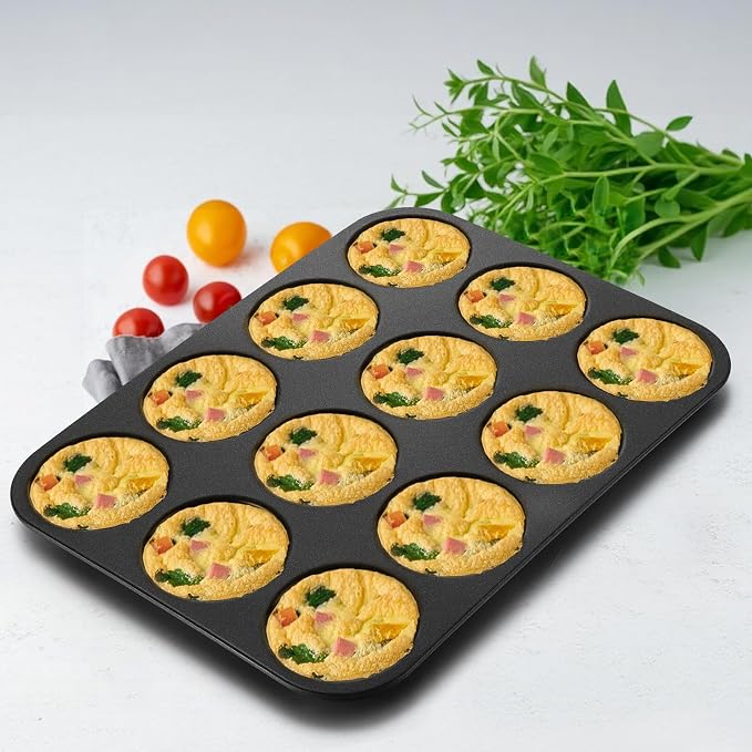 E-far 12-Cavity Muffin Top Pan, 3 Inch Nonstick Shallow Cupcake Pan for Yorkshire Pudding, Eggs, Whoopie Pie, Cornbread, Easy Release & Clean, Standard Size, 2 Pack