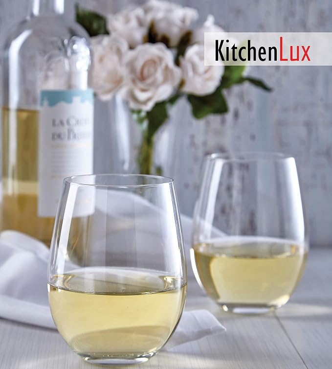 Kitchen Lux Stemless Wine Glasses Set of 6, 18oz Wine Glass – Stemless Wine Glass & Cocktail Tumbler Set – Premium Glass Drinking Cups in Bulk– Deluxe Gift Pack Short Wine Glasses, Dishwasher Safe