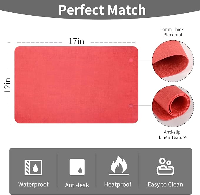 Maxpearl Faux Leather Placemats Set of 8, Easy to Clean, Light Red | Waterproof - Heat Resistant - Non Slip - Wipe Clean Dining Table Place Mats, Suitable for Indoor & Outdoor Use, 17''×12''