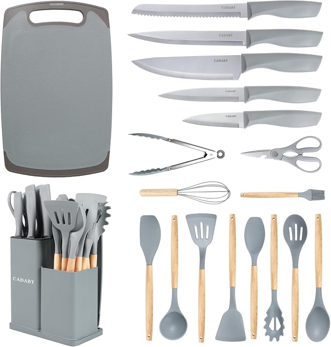 19PCS Gray Kitchen Cooking Utensils Set Kitchen Tools Set | 6 Stainless Steel Knives, 11 Silicone Utensils with 1 Cutting Board, Ideal for Apartment