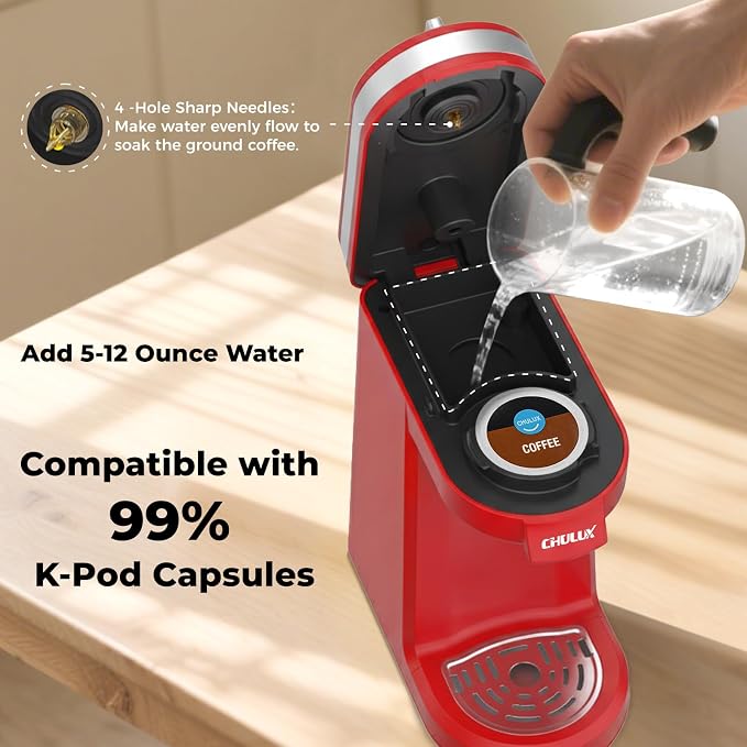 CHULUX Mini Single Cup Coffee Maker for K Pod, Perfect for Small Space, Red | Fast-Heating Boiler System, Single Cup Brewing, Portable Compact Design, Four-Hole Multi-Stream Needle, Adjustable Drip Tray