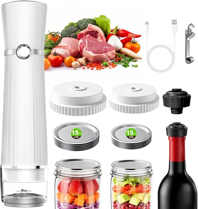 80kPa Mason Jar Vacuum Sealer with 30 Mason Lids for Food Storage | 2000mAh Vacuum Sealer Machine, Cordless & Rechargeable Mason Jar Vacuum Sealer for Food Storage,canning lids for 68/83mm