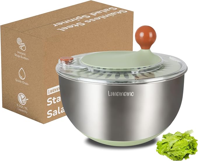 Stainless Steel Salad Spinner, BPA Free, Quick Dry & Stop, 5.3 Qt | Non-Slip Lettuce Veggie Spinner, Drain, Stop Button, Vegetable Fruit Washer, Dishwasher Safe, Also as Serving & Salad Bowl