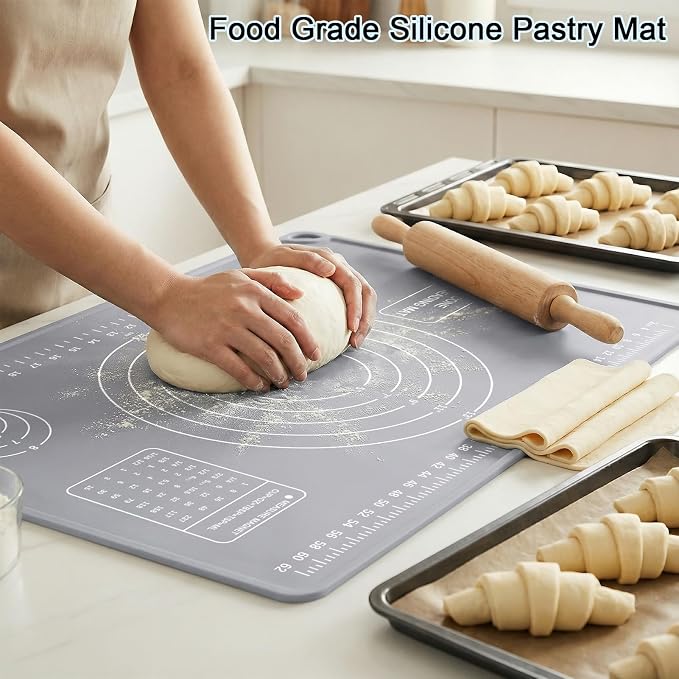 Silicone Pastry Mat 28" x 20" Extra Thick Silicone Baking Mat with Measurements and Edge Heightening Non-stick Food Grade Dough Rolling Mat Kneading Sheet for Pastry, Bread, Cookies (Light Gray)