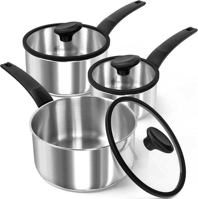 MICHELANGELO Stainless Steel Saucepan with Lid 1QT & 2QT & 3QT, Triply Stainless Steel Saucepans with Bakelite Handle, Premium Nonstick Sauce Pot Set for Kitchen Cooking, Induction Compatible