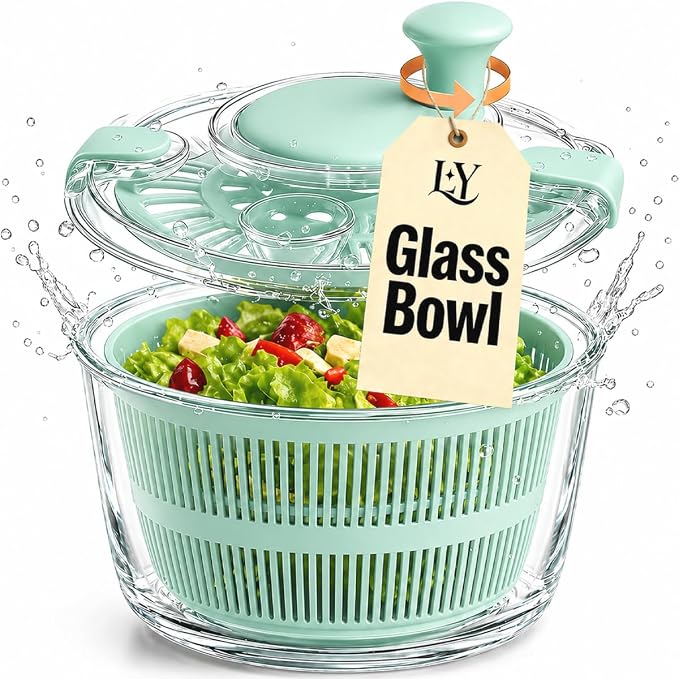 Large 5.2 Qt Glass Salad Spinner with Drain, Green | Microwave- and Dishwasher-Safe Glass Bowl, Transparent Lid, Crank Handle, Quick-Spin Salad Cleaner for Lettuce, Herbs & Fruit