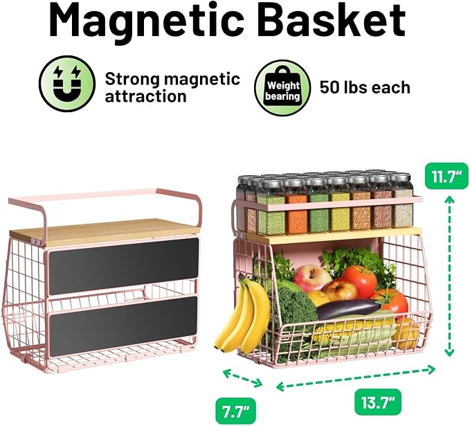 Magnetic Shelf for Fridge with Wood Lid, Fruit Potato and Onion Storage Bins, Pantry Organizers & Storage, Large Container Magnetic Spice Rack for Refrigerator, Kitchen Counter, Cabinet (Pink, 1)