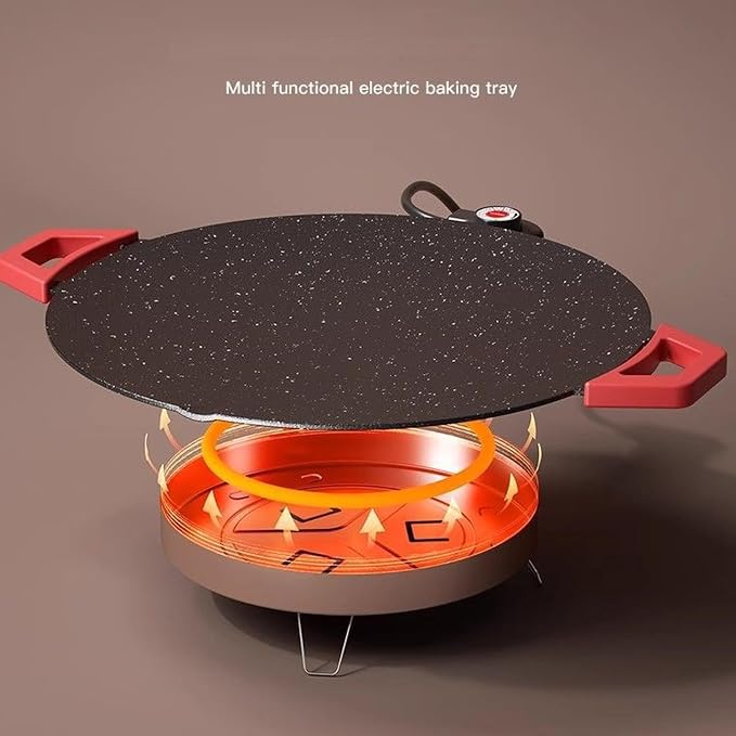 Electric Smokeless Grill, Non-Stick BBQ Griddle with Temperature Control, Round Cooking Surface with Red Handles, Indoor Barbecue Pan for Meat and Seafood (14)