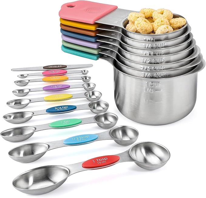 Measuring Cup and Spoon Set Stainless Steel Includes 7 Stackable Measuring Cups 8 Double-Sided Magnetic Measuring Spoons, 1 Level Meter for Dry and Liquid Ingredients