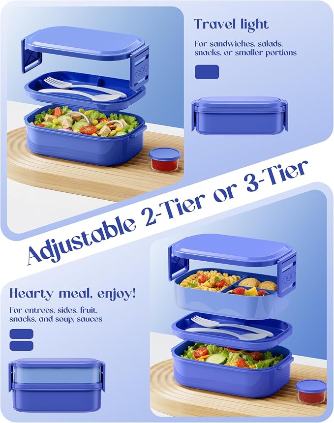 Bento Lunch Box, 65 oz 3-Tier Stackable Lunch Container, Adjustable 2/3 Tier Design, BPA-Free Food-Grade Plastic, Leakproof, Microwave & Dishwasher Safe, Blue