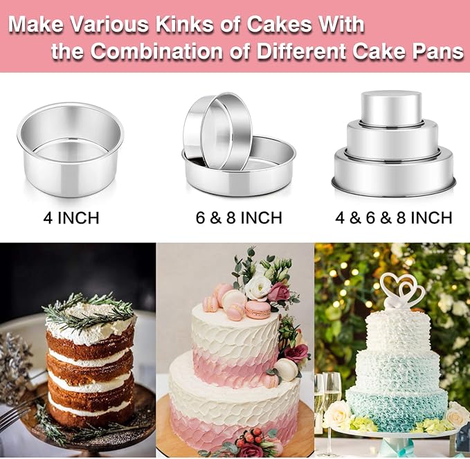 P&P CHEF Cake Pan Set of 3, 4" + 6" + 8" Round Baking Layer Cake Pan Tin | Stainless Steel & Mirror Finish, Bakeware for Birthday Weeding Anniversary, Heavy Duty & Non Toxic, Oven & Dishwasher Safe