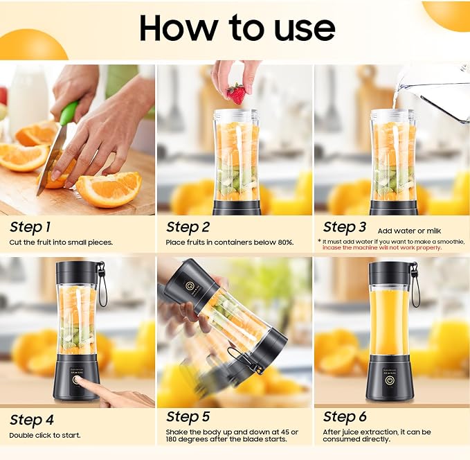 Portable Blender Personal Size Blender Make Smoothies, 12oz Mini Travel Cup | BPA-Free Small Blender with High Blending Speed, 6 Steel Blades, Easy Clean, Freshly Squeezed in Sports/Office/Gym