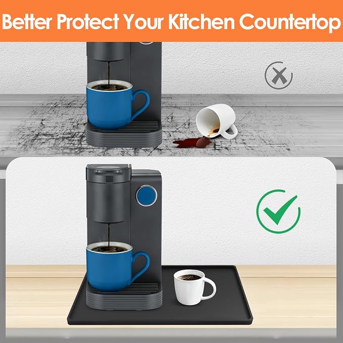 Silicone Coffee Maker Mat with Lip for Countertops, 18.9'' x 11.8'', Black | Multi leak-proof coffee tray for countertop, non-slip silicone mat fits most coffee makers & espresso machines, wipe-clean