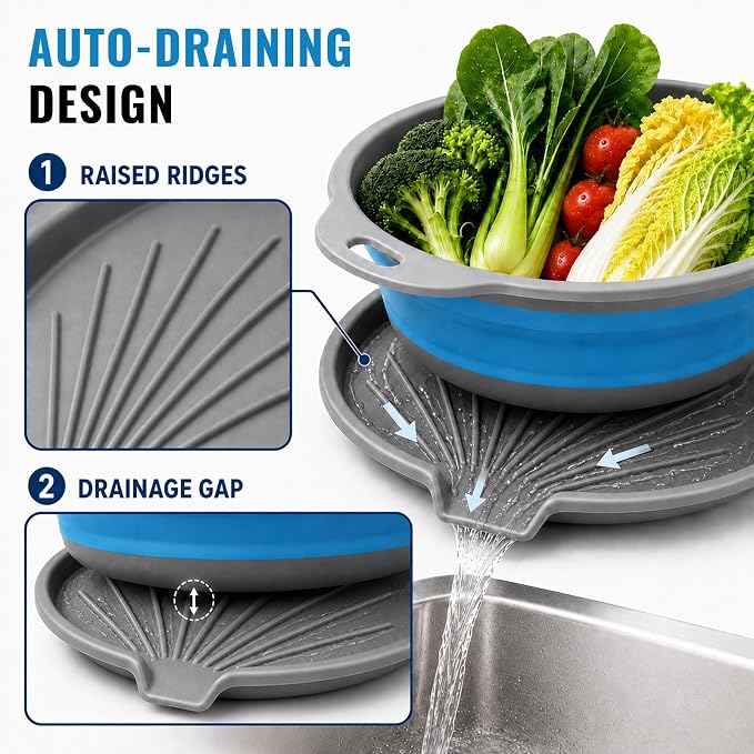 2 Collapsible Colanders with Self-Draining Tray(Blue) | 11.6 & 13.4 in baskets; 12.8 in grooved tray; folds to 2.1 in; for pasta, rice, fruit and vegetables