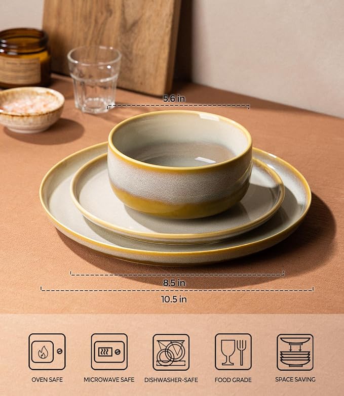 Ceramic Dinnerware Set for 6, 18-Piece Plates and Bowls Set | Handmade Reactive Glaze Dish Set, Scratch Resistant, Oven & Microwave & Dishwasher Safe, Autumn Haze
