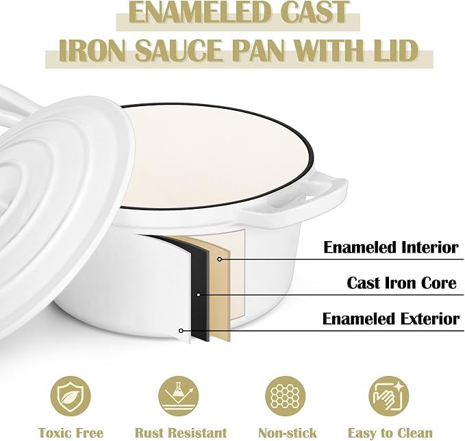 E-far Enameled Cast Iron Sauce Pan, 2 Quart Dutch Oven Saucepan with Lid, Small Sauce Pot for Cooking, Boiling, Healthy & Non Toxic, Induction & Oven Safe, White